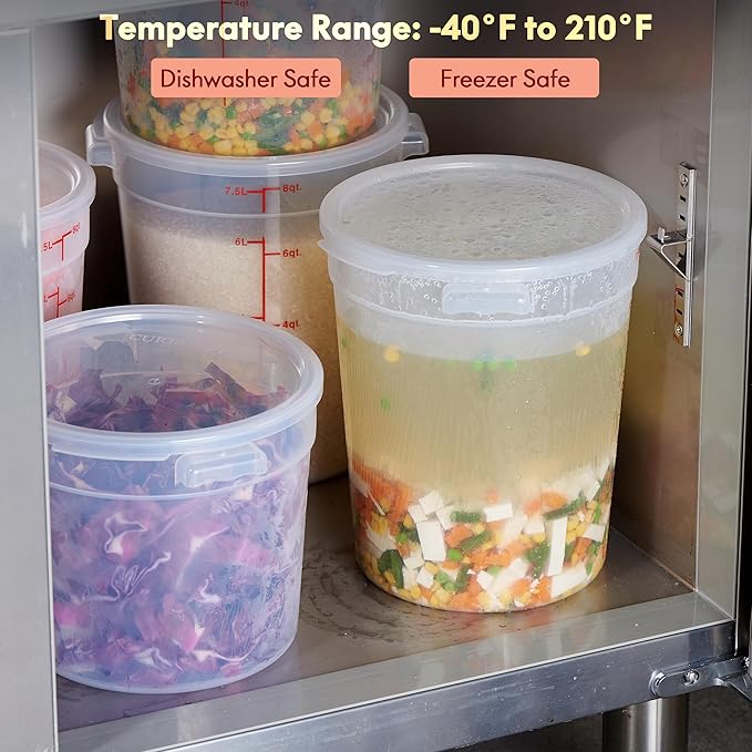 CURTA 6 Quart Translucent Round Food Storage Container with Lid, Pack of 4 – NSF Listed, BPA-Free, Commercial-Grade Polypropylene, Freezer & Dishwasher Safe, Non-Stick, Easy-Read Graduations