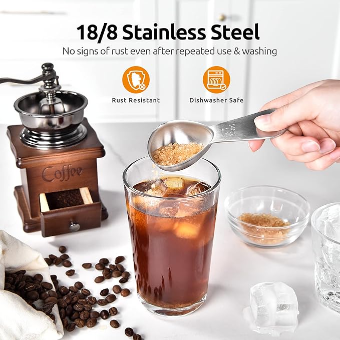 U-Taste sturdy 18/8 Stainless Steel Measuring Coffee Scoop Coffee Bean Spoon, and Upgraded 600ºF High Resistant Flexible and Sturdy Silicone Spatula Set of 4 (Black)