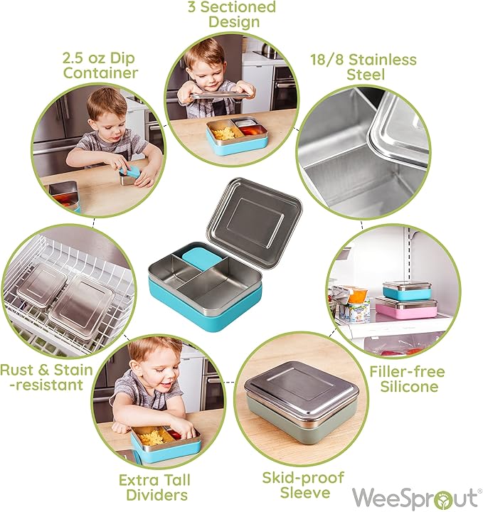 WeeSprout 18/8 Stainless Steel Bento Box (Compact Lunch Box) - 3 Compartment Metal Lunch Containers, for Kids & Adults, Bonus Dip Container, Fits in Lunch Bag & Backpack