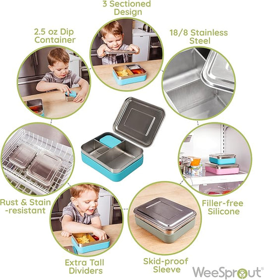 WeeSprout 18/8 Stainless Steel Bento Box (Compact Lunch Box) - 3 Compartment Metal Lunch Containers, for Kids & Adults, Bonus Dip Container, Fits in Lunch Bag & Backpack