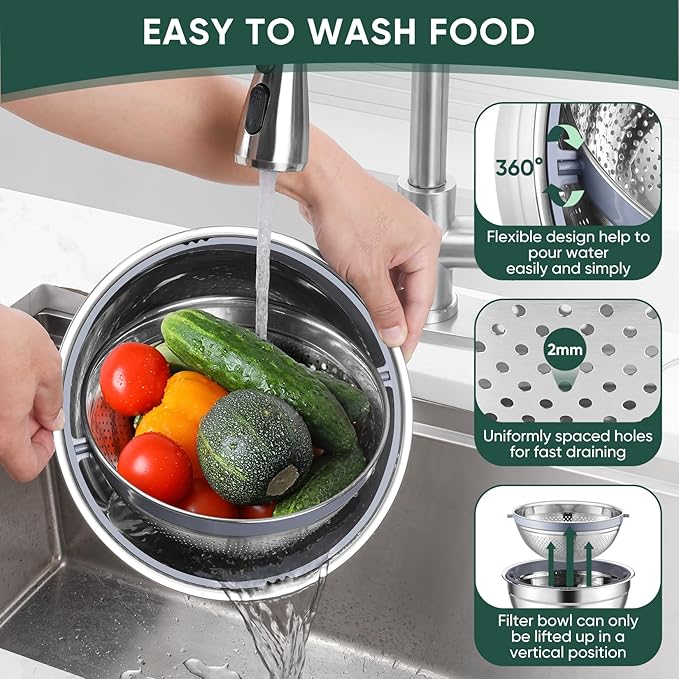 P&P CHEF Mixing Bowls with Lids Set of 3, 3 Pcs Stainless Steel Nesting Salad Bowls and Colander for Kitchen, 3 Grater Attachments & Non-Slip Bottoms, Visible & Airtight Lid, Black