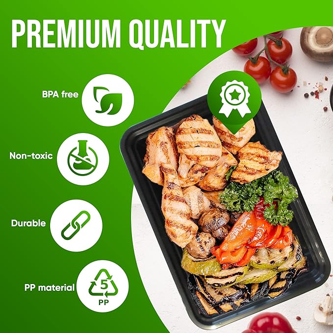 Single Compartment Meal Prep - 50 Pack - Rectangular Container with Airtight Lid – Freezer, Microwave & Dishwasher Safe – Stackable – BPA Free Plastic (Black) 28oz