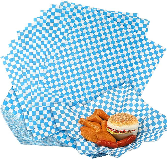 1000 Sheets Wax Deli Paper Sheets for Food 12 x 12 Inch Checkered Dry Waxed Deli Basket Liners for Sandwich Wrapping, Food Basket Liners, Picnic party(Blue-white)