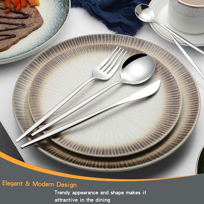 Mirror Modern Flatware Set for 8, 40-Piece Stainless Steel Silverware Set, LaienLife Unique Utensils with Long Forks Spoons and Knives Sets, Great for Home and Restaurant, Dishwasher Safe - Silver