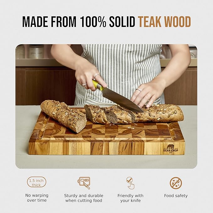 Bearchop Teak Cutting Boards for Kitchen, [20" x 15" x 1.5"] Large End Grain Cutting Boards, Solid Teak Wood Butcher Block Cutting Board with Juice Grooves and Handle, Knife Friendly and Reversible