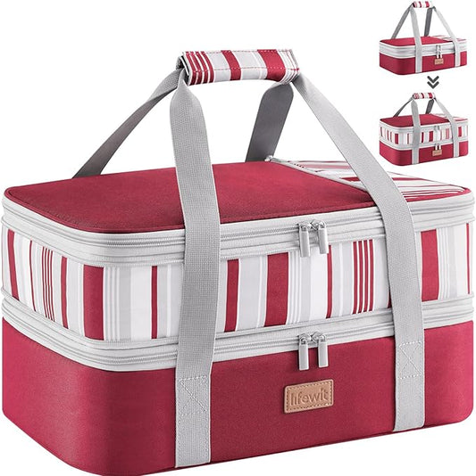 Lifewit Expandable Insulated Casserole Carrier for Hot or Cold Food, Double Decker Food Bag Lasagna Holder Carry Tote for Potluck Parties/Picnic/Cookouts, Fits 9"x13" Baking Dish, Red