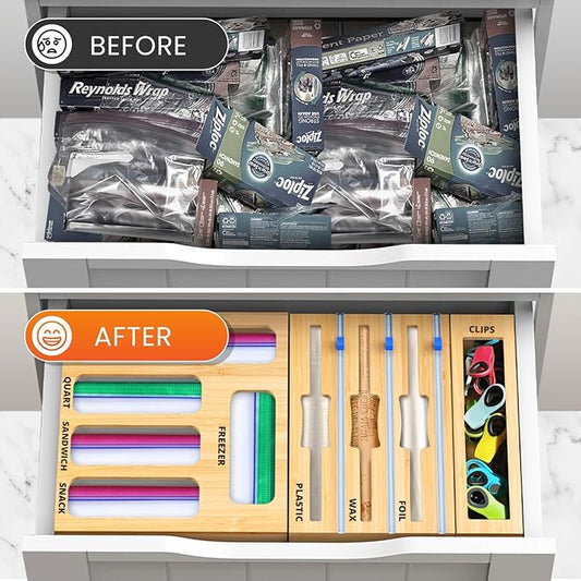Bag Storage Organizer with Foil and Saran Wrap Dispenser With Cutter For Kitchen Drawer - 9 in 1 Bamboo Plastic Food Bag Storage Containers Perfect For Gallon, Quart Bags & 12" Rolls