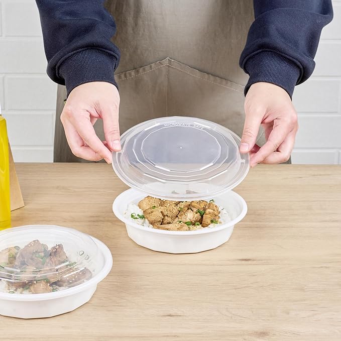 Restaurantware Asporto 24 Ounce To Go Boxes 100 Microwavable Take Out Food Containers - Clear Plastic Lids Included Do Not Contain BPA White Plastic Catering Food Containers Disposable Round
