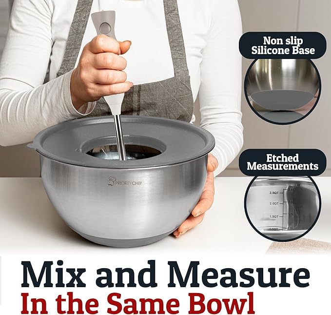 Priority Chef 28Pc Stainless Steel Mixing Bowls with Lids Set, Non-Slip Base, Air Tight Lids, 3 Graters and Utensil Set, Large Metal Nesting Bowls for Kitchen, Grey