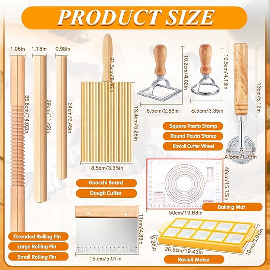 Pasta Making Tools, 10 Piece Wood Pasta Making Kit with 3 Rolling Pins, 1 Gnocchi Board, 1 Dough Cutter, 1 Ravioli Cutter, 1 Ravioli Maker, 2 Pasta Stamps, 1 Baking Mat, Ravioli Pasta Set for Kitchen