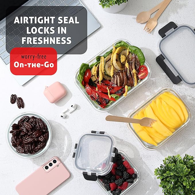EATEX 16pc Glass Food Storage Containers with Lids, Airtight Glass Meal Prep Containers, 8 Reusable Glass Food Containers with 8 Leakproof Snap Lock Lids, Oven Microwave Freezer Safe Lunch Containers