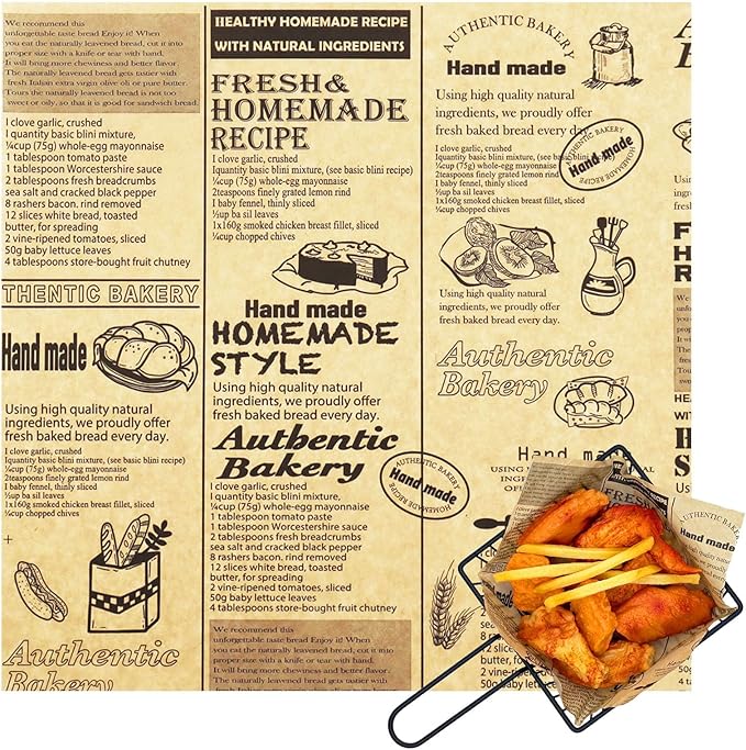 OTOPETE 200Pcs Food Paper Sheets, 10"x10" Grease Resistant Food Wrapper Paper，Newspaper Theme Hamburger Sandwich Basket Liner, Tray Liner, for Home Kitchen Baking, Picnic, Party, Kraft Paper