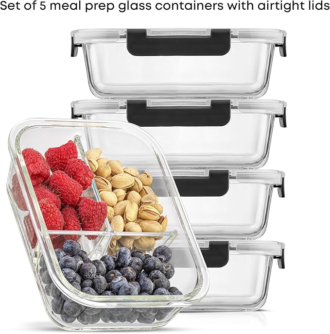 JoyJolt Divided 3 Compartment Glass Meal Prep Bento Box Set. 5 Pack Airtight Food Storage Containers with Lids for Portion Control and Weight Loss