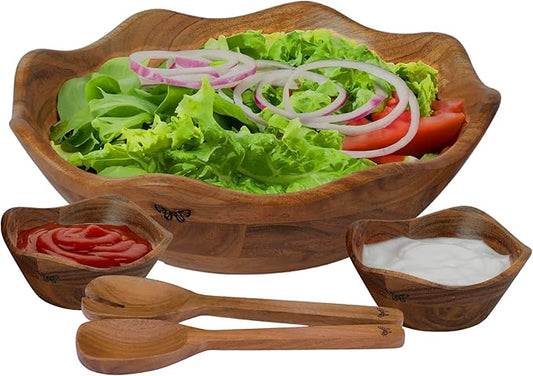 Melvvi Large Wooden Salad Bowl Set with 2 Small Bowls and 2 Serving Utensils | 12" & 6" Wide Natural Acacia Wood Bowls for Food | Mixing Pasta with Tongs | Gift for Fathers