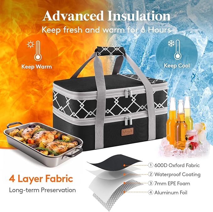 Lifewit Expandable Insulated Casserole Carrier for Hot or Cold Food, Double Decker Food Bag Lasagna Holder Carry Tote for Potluck Parties/Picnic/Cookouts, Fits 9"x13" Baking Dish, Black-Geometric