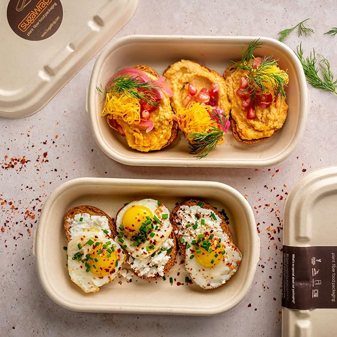 Disposable 16oz Oval Food Containers with Lids [50 Bowls + 50 Lids] Eco-Friendly Biodegradable Bamboo & Sugarcane, Sturdy, Freezer & Microwave Safe for Hot & Cold