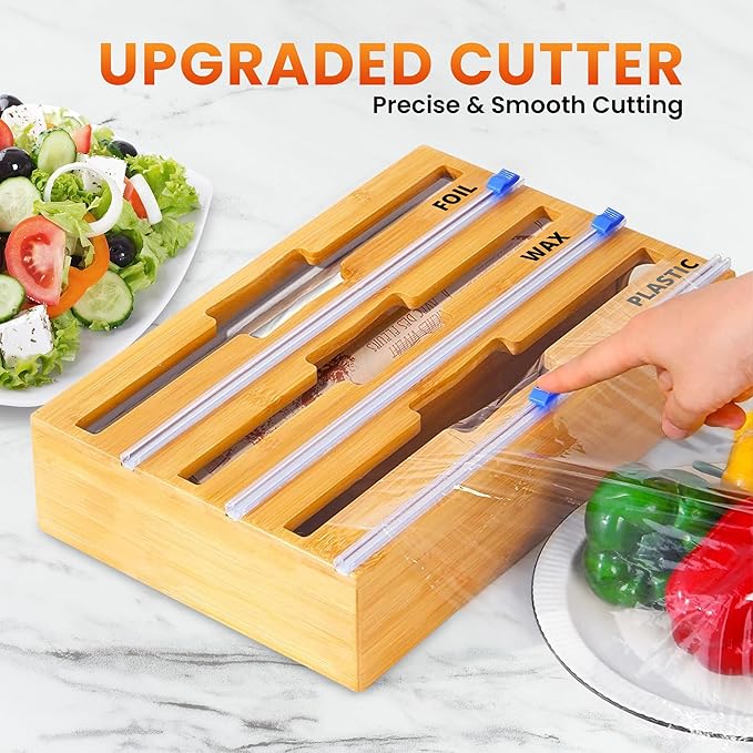 Bag Storage Organizer with Foil and Saran Wrap Dispenser With Cutter For Kitchen Drawer - 9 in 1 Bamboo Plastic Food Bag Storage Containers Perfect For Gallon, Quart Bags & 12" Rolls