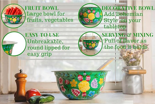 Large Hand Painted Stainless Steel Fruit Bowl - Decorative Floral for Salad Mixing and Serving - Traditional Kashmiri Art for Home Decor (Green.)