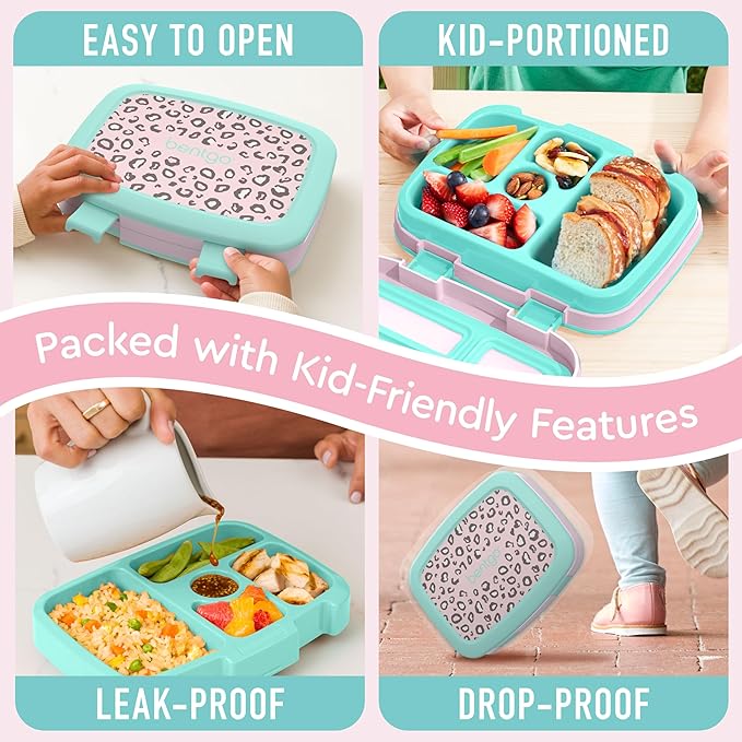 Bentgo Kids Prints Leak-Proof, 5-Compartment Bento-Style Kids Lunch Box - Ideal Portion Sizes for Ages 3-7, Durable, Drop-Proof, Dishwasher Safe, & Made with BPA-Free Materials (Leopard)