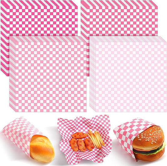 1000 Sheets Wax Deli Paper Sheets for Food 12 x 12 Inch Checkered Dry Waxed Deli Basket Liners for Sandwich Wrapping, Food Basket Liners, Picnic party(Pink-white)