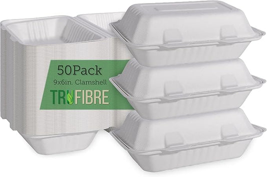 White Disposable To Go Containers with Lids, Clamshell Take Out Boxes, Bento Cakes, Desserts, Sandwiches, Party Favors, Events, 9x6 50 Pack