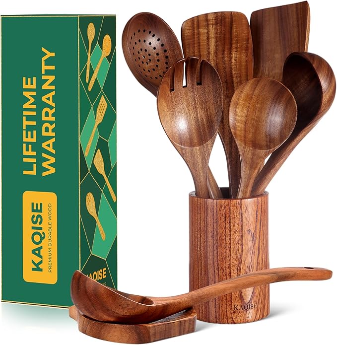 Wooden Kitchen Utensils Set, 10Pcs Premium Teak Wood Spatula, Skimmer and Spoons for Cooking, Non-stick kitchen Tools for Families