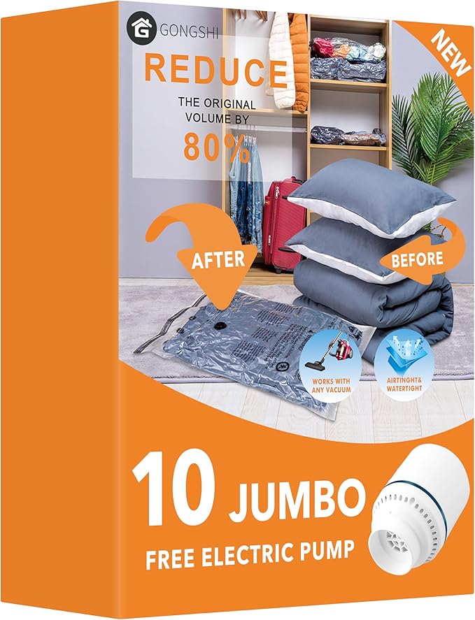 10 Jumbo Vacuum Storage Bags with Electric Pump, Space Saver Bag for Clothes, Mattress, Blanket, Duvets, Pillows, Comforters, Travel