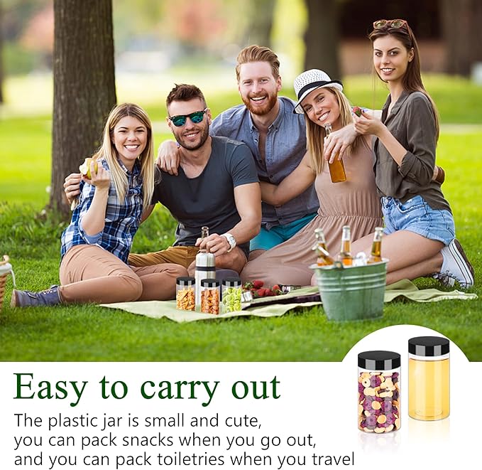 Plastic Jars with Lids 6OZ 42PCS Small Empty Slime Cosmetics Containers Clear Gift Food Jars Round PET Cream Jars with Black Lids Pen Labels for Kitchen Storage Spices Dry Food Body Butter