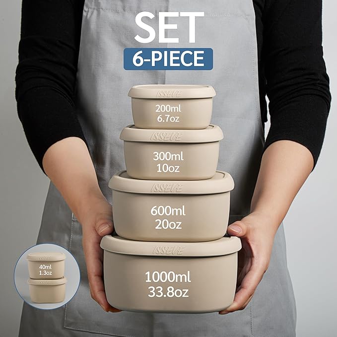 ISSEVE 6Pcs/Set Nesting Silicone Food Storage Containers with Lids, BPA Free Reusable Meal Prep Silicone Containers Lunch Box Bento Box Set (33.8oz, 20oz, 10oz, 6.7oz, 1.3oz) (Beige)