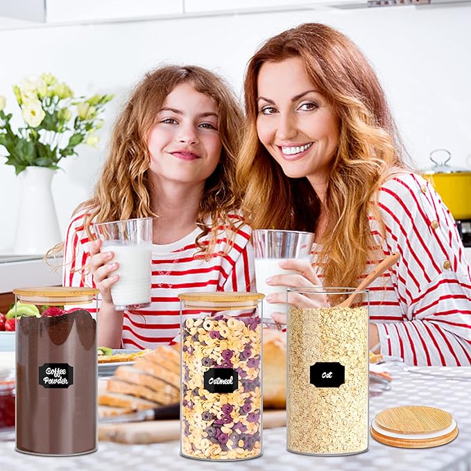 Glass Storage Jars 45 oz 4 Pcs Clear Glass Food Storage Containers with Airtight Bamboo Lid Stackable Kitchen Canisters for Candy,Cookie,Rice,Sugar,Flour,Pasta,Nuts and Spice Jars