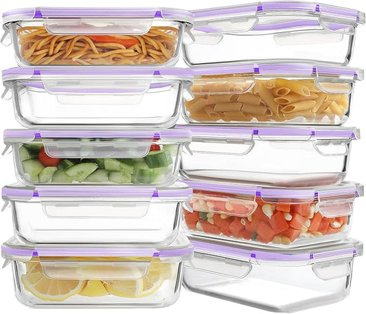 HOMBERKING 10 Pack Glass Meal Prep Containers, Glass Food Storage Containers with Lids, Airtight Glass Lunch Bento Boxes, BPA-Free & Leak Proof (10 lids & 10 Containers) - Purple