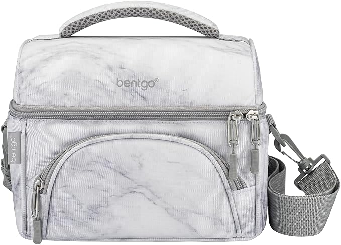 Bentgo Deluxe Lunch Bag - Durable and Insulated Lunch Tote with Zippered Outer Pocket, Internal Mesh Pocket, Padded & Adjustable Straps, & 2-Way Zippers - Fits Most Lunch Boxes (White Marble)