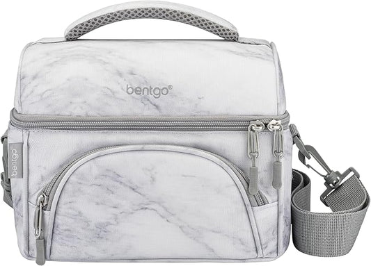 Bentgo Deluxe Lunch Bag - Durable and Insulated Lunch Tote with Zippered Outer Pocket, Internal Mesh Pocket, Padded & Adjustable Straps, & 2-Way Zippers - Fits Most Lunch Boxes (White Marble)