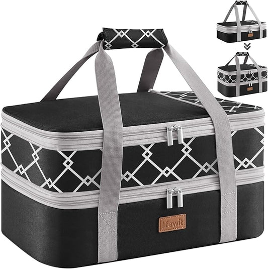 Lifewit Expandable Insulated Casserole Carrier for Hot or Cold Food, Double Decker Food Bag Lasagna Holder Carry Tote for Potluck Parties/Picnic/Cookouts, Fits 9"x13" Baking Dish, Black-Geometric