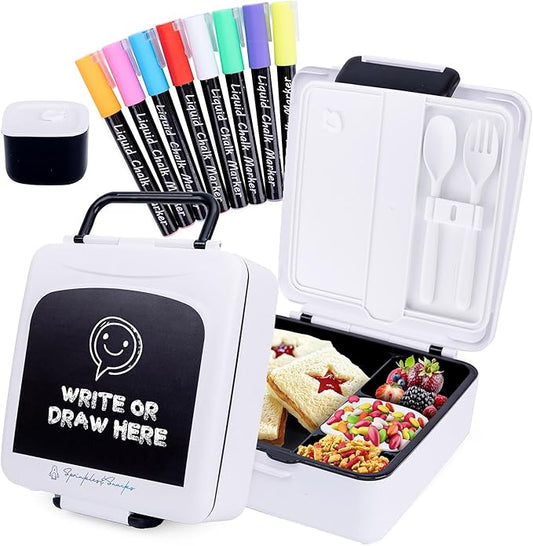 Chalkboard Kid Lunch Box for Girls & Boys - Leak-Proof Kids Lunchbox with Removable Compartment Tray, Lid Container & Utensils - BPA-Free Lunch Box Containers for Kids for School, Daycare - White