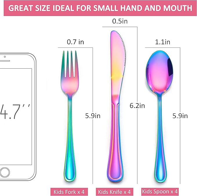 LIANYU 12-Piece Rainbow Kids Silverware Set, Stainless Steel Toddler Utensils Flatware Set, Child Cutlery Tableware for 4, Include knife Fork Spoon, Mirror Finished, Dishwasher Safe