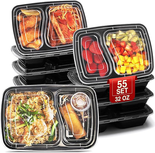 Eupako 55 Sets 32 oz Meal Prep Container Reusable - Plastic-Food-Storage-Containers-with-Lids, Disposable To Go Containers, Portion Control - Microwave, Dishwasher, Freezer Safe (2 Compartment)
