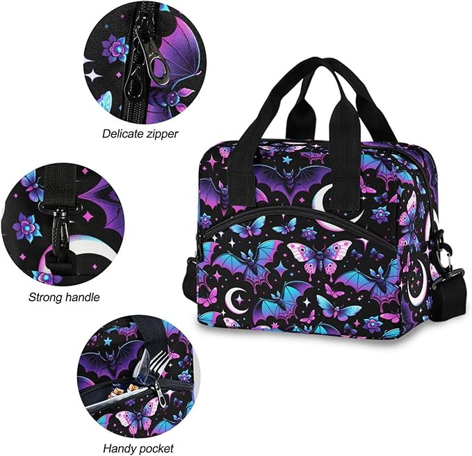 MNSRUU Insulated Lunch Bag Neon Purple and Bats Stars and Moons Women Men Fabric Dinner Tote Cooler Bag Reusable Leakproof Lunch Box with Adjustable Shoulder Handles Strap For Work School