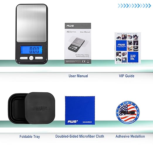 American Weigh Scales High Precision LCD Mini Pocket Weight Scale Back-lit LCD Display (AC 150) 150 G x 0.01 G