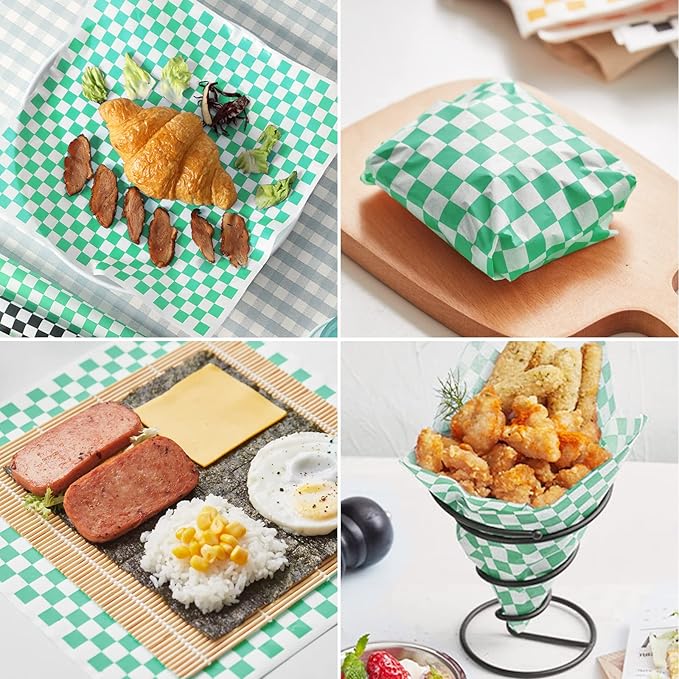 GeeRic Waxed Deli Paper Sheets 12 * 12 Inch, 100 Pcs Food Basket Liners for Sandwiches, Burgers, Checkered Deli Wrap Wax Paper Sheets Green