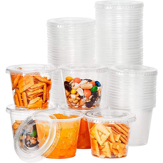 Leakproof BPA-Free 5.5oz Souffle Cups and Lids 100Pk. Stackable Portion Containers for Sampling, Salad Dressing, Sauces, Jello Shot. Plastic Food Prep Supplies for Restaurant Cafe Catering Deli.