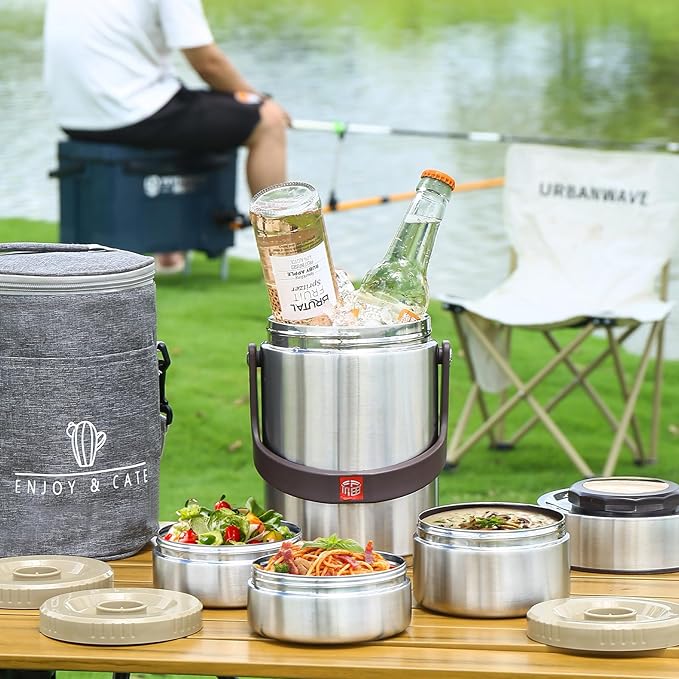 67 Oz Adults Stainless Steel Vacuum Soup Thermos For Hot Food with Inserts Stackable Bento Box and Lunch Bag,Width Mouth Portable Nsulated Food Jar Lunch Container (silvery, 67 oz)