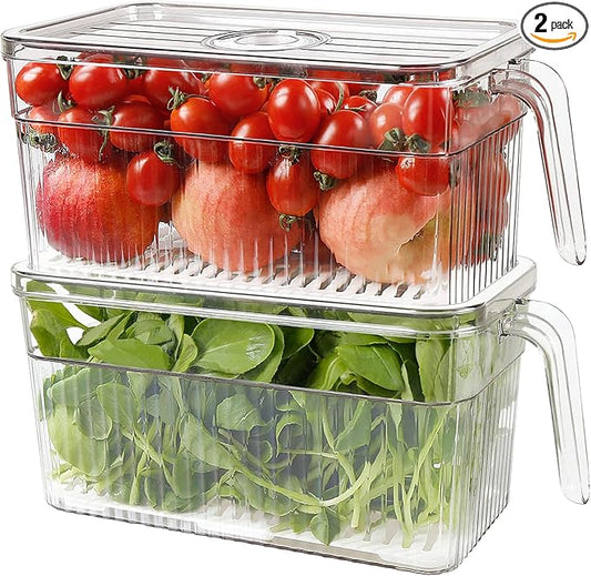 Loobuu 2 Pack Plastic Food Storage Produce Containers for Fridge, Stackable Lettuce Keeper for Refrigerator with Removable Drain Tray Keep Fresh for Vegetables/Fruit/Berry/Salad - 10'' x 5.3'' x 5.2''