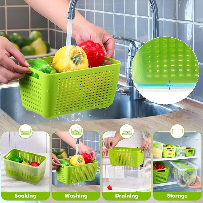 LUXEAR Produce containers for fridge,3 Set Fruit Containers with Removable Colander, BPA-Free Produce Saver Containers with Lids Dishwasher&Microwave Safe Keep Fruits, Vegetables, Berry, Fresh Longer