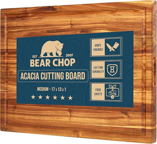 Bearchop Acacia Wood Cutting Boards for Kitchen, [17" x 13" x 1"] Medium Edge Grain Cutting Boards, Solid Wood Butcher Block Cutting Board with Juice Grooves and Handle, Knife Friendly and Reversible