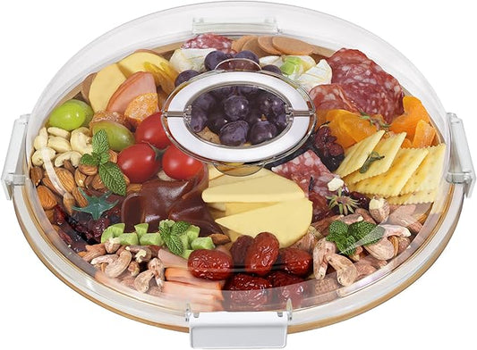 Round Charcuterie Board with Clear Lid, Travel Picnic Portable Cheese Board Charcuterie Boxes, Meat Fruit Serving Tray Platter, House Warming Gifts New Home, Gifts for Women