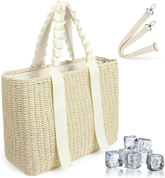 14L Large Insulated Beach Cooler Bag with Removable Liner, Natural Corn Husk Straw Travel Tote for Women, Picnic Lunch Bag, Bride Wedding Gift