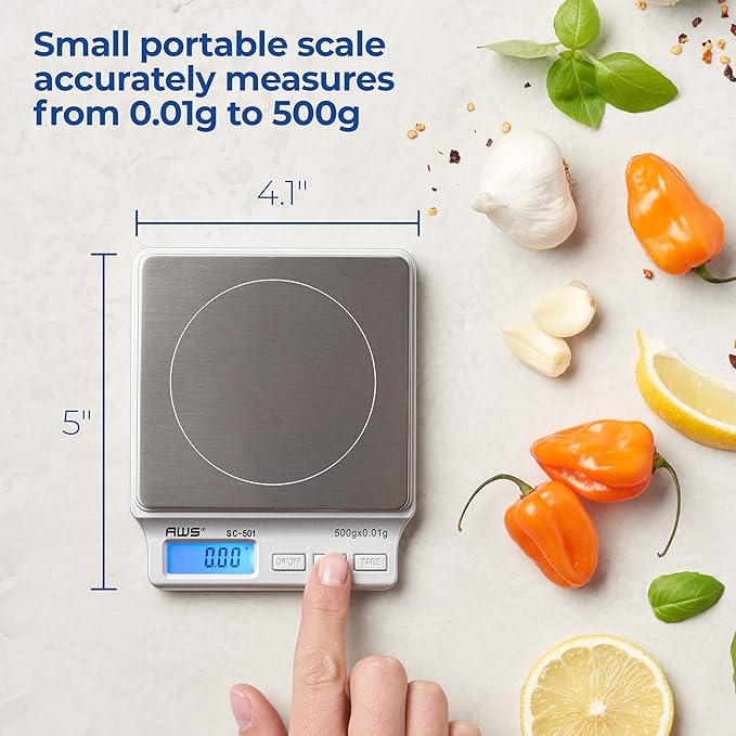 American Weigh Scales SC Series Precision Digital Food Kitchen Weight Scale, LCD Display, Silver, 500 x 0.01G (AMW-SC-501)
