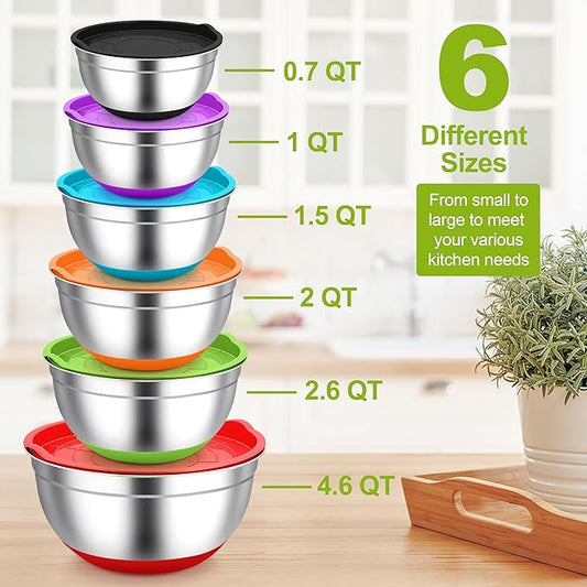 TeamFar Mixing Bowls, Stainless Steel Mixing Bowls with Lids, Nesting Salad Bowls with Air-tight Lids & Non-slip Bottom, Dishwasher Safe & Stackable, Set of 6-4.6/2.6/2 / 1.5/1 / 0.7 Qt