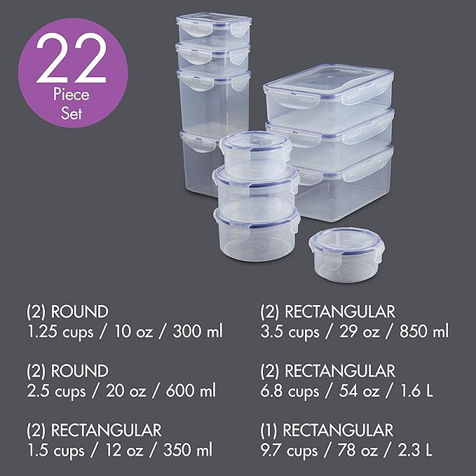 LOCK & LOCK Easy Essentials Food Storage lids/Airtight containers, BPA Free, 22 Piece, Clear